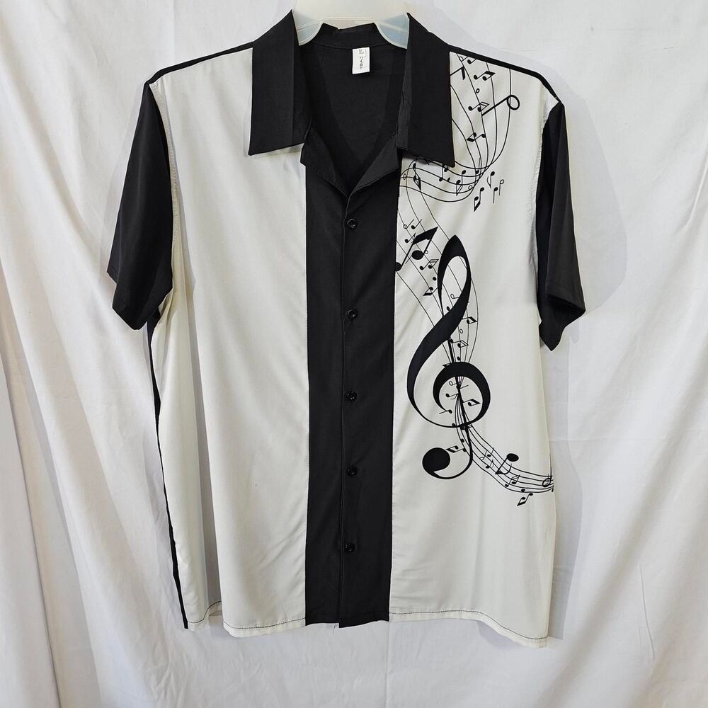 #0245 CHICYEA Mens XL Music Notes Treble Clef Bowling Camp Shirt Black White